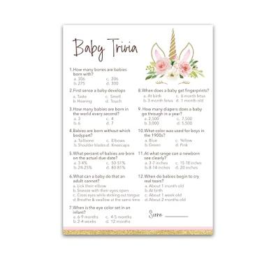 Imagem de Roseum Collections Unicorn Girl Baby Shower Game — Baby Trivia Games — Pack of 25 — Fun Baby Facts Games, Pink Floral Magical Theme Baby Shower Trivia Baby Shower Activity Sprinkle Sip See G640-TRV