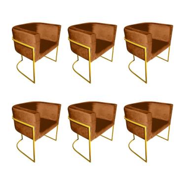 Imagem de Kit 6 Poltronas Decorativa Sala De Estar Base De Ferro Dourada Veludo Terracota Laranja