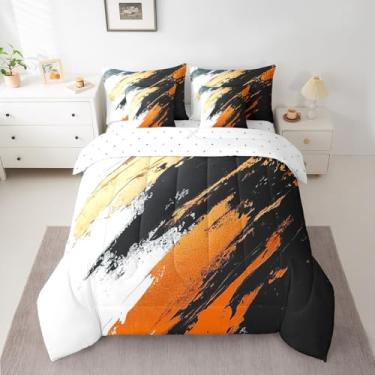 Imagem de Feelyou Conjunto de cama infantil Queen com arte abstrata, laranja, preto, 7 peças, moderno, abstrato, com lençol com lençol geométrico, para meninos e meninas
