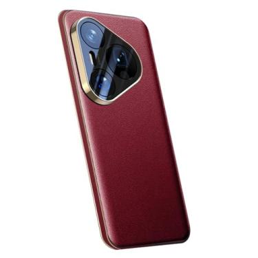 Imagem de HAOMRIYL Capa de couro genuíno para Huawei Pura 80 Pro +/80 Pro/80, capa fina e fina de proteção de câmera com borda de revestimento luxuosa à prova de choque, vermelha, 80