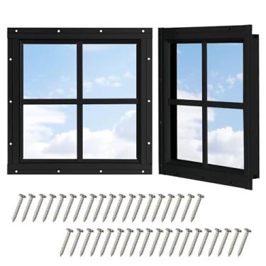 Imagem de COLORPAPA Pacote com 2 janelas de galpão, janela de popa de 30,5 x 30,5 cm, design fixo com vidro temperado para galinheiro, teatro, casa, garagem, celeiros (preto)