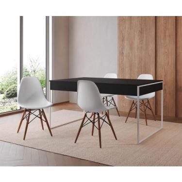 Imagem de Mesa Jantar Industrial Retangular Preta 137X90Cm Base Ferro Branco C/4