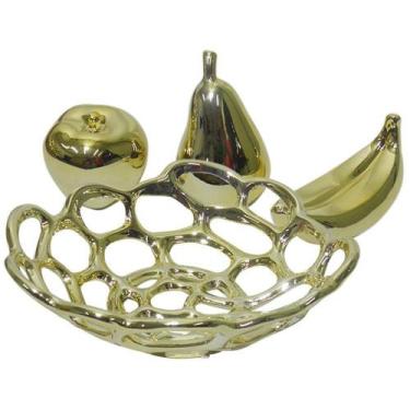 Imagem de Fruteira Ouro Dourada Maça Pera Banana Decoracao Ceramica - 0