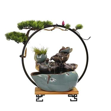 Imagem de XFNVXC Fonte decorativa para interior de mesa, fonte de mesa de cerâmica com círculo de lâmpada, ornamento chinês de água da sorte, decoração de sala de estar e escritório, fonte de jardim ornamental