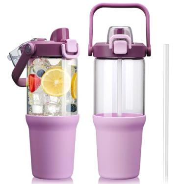 Imagem de HYDRAGLAZIC Copo de vidro com alça de transporte, garrafa de água de vidro transparente com tampa à prova de vazamento, tampa de bico e canudo, livre de BPA, 946 ml, lilás