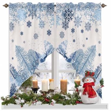 Imagem de BOSIJOY Cortina de sanefa de Natal de inverno, flocos de neve, pinheiros, swag, cortinas, sanefas de bolso para janelas, enfeite de cozinha azul e branco para quarto/sala de estar/banheiro
