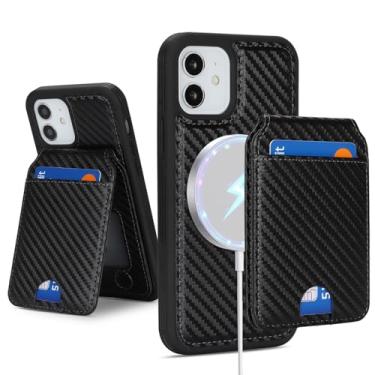 Imagem de Havaya Capa carteira magnética para iPhone 12 e 12 Pro - Capa removível de fibra de carbono 2 em 1 compatível com MagSafe, com suporte para cartão e suporte - preta