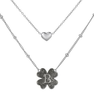 Imagem de MANZHEN Colar feminino com coração e trevo em camadas, inicial A-Z, design decorativo de elos de corrente, joias antigas, 18 Inches, Metal, Sem Pedra Preciosa