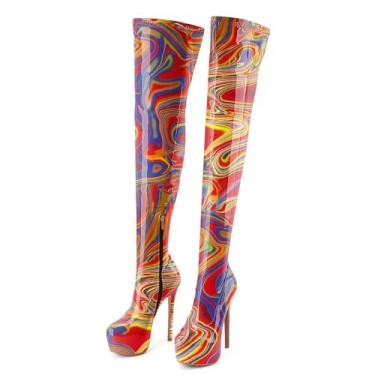 Imagem de Botas femininas até a coxa, acima do joelho, modernas, sexy, plataforma, salto alto, salto alto, patente, bico redondo, zíper, unissex, para festas, cosplay, botas altas, Lava vermelha, 34