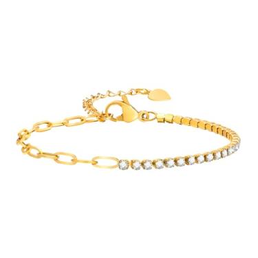 Imagem de Rockyu Pulseira feminina de corrente de zircônia quadrada dourada com pingente em forma de coração hipoalergênico aço inoxidável fino elegante presente de aniversário para o dia dos namorados
