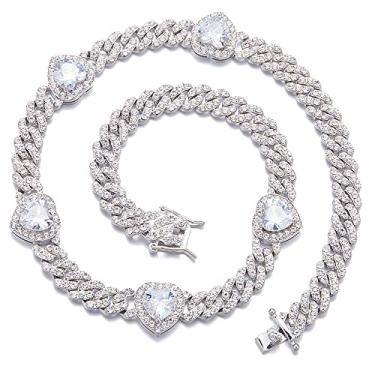 Imagem de Apzzic Colar de elos cubanos Miami Prong de 9 mm com strass em formato de coração pavimentado com strass CZ Bling Rapper para mulheres e meninas, Banhado a ouro, Zircônia cúbica