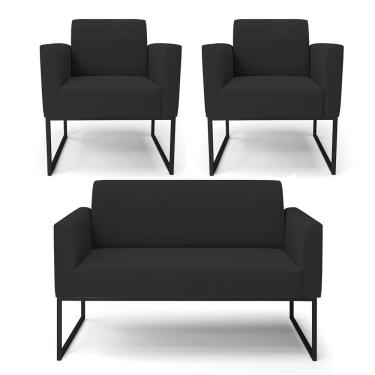 Imagem de Sofá Namoradeira Com 2 Poltronas Base Industrial Preto Marisa Veludo D03 - D\&#039rossi Cor Preto