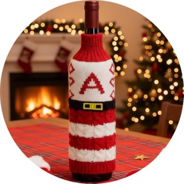 Imagem de Suéter de Natal para garrafa de vinho com letra A – Z, garrafas de manga de malha, decoração de mesa, reutilizável, roupa de garrafa estilo Papai Noel