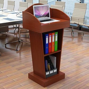 Imagem de Suporte de pódio para palestras, madeira de púlpito de igreja, suporte de pódio de madeira com área de armazenamento aberta, mesa de pódio de conferência com superfície espaçosa e placa defletora