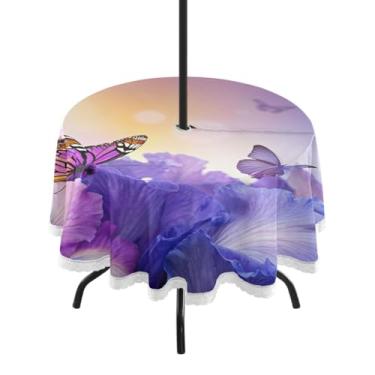 Imagem de Qilmy Toalha de mesa redonda à prova d'água Butterfly Hydrangeas de 152 cm com orifício para guarda-chuva e zíper – uso externo / interno resistente para pátio, churrascos, piqueniques, festas (serve