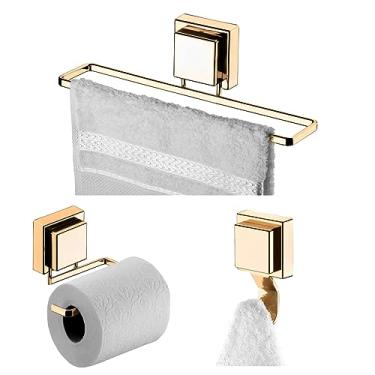 Imagem de Kit Banheiro 3 Peças Toalheiro Suporte Porta Papel Higiênico Gancho Ventosa Dourado - Future