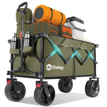 Imagem de Sekey Carrinho dobrável dobrável de 220 L com capacidade de peso de 150 kg, carrinho utilitário de jardim dobrável resistente com grandes rodas de praia para todos os terrenos e suportes para bebidas