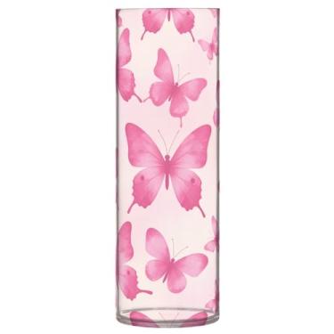 Imagem de JUZIHAI Vaso de borboletas rosa para flores 9,9 cm x 30 cm cilindro de plástico moderno vaso de flores para centro de mesa de casamento decoração de casa