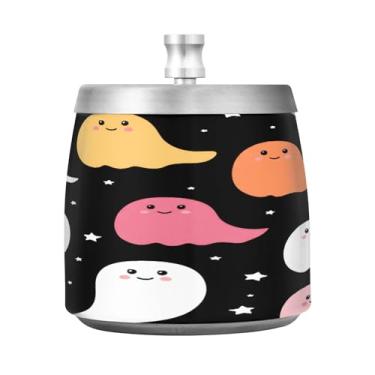 Imagem de Qilmy Cinzeiro de aço inoxidável Halloween Boo com tampa - Cinzeiro de cigarro à prova de vento sem cheiro sem fumaça para casa, escritório, carro, pátio, varanda (uso interno e externo)
