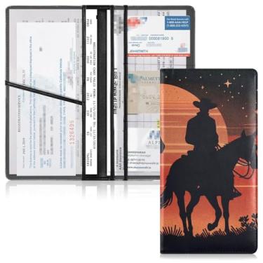 Imagem de Qilmy Boho Cowboy Sunset Suporte para registro de carro e seguro de couro PU para documentos de veículo porta-luvas organizador com compartimentos para cartão de PVC transparente para cartões de