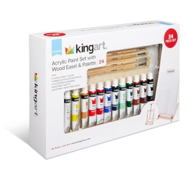 Imagem de KINGART Conjunto de pintura acrílica de artista de 22 peças com cavalete de estúdio de moldura H de madeira, 12 cores de tinta acrílica vívida, 6 painéis de tela, 4 pincéis, paleta de madeira - crianças, escola, estudantes, adultos, kit para iniciantes