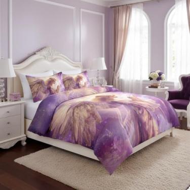 Imagem de CCoutueChen Conjunto de edredom para meninas tamanho solteiro, roxo, 2 peças, roupa de cama macia princesa europeia para crianças, conjunto de colcha de microfibra quente com 1 fronha/68 x 86