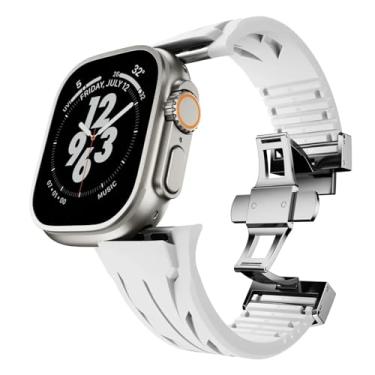Imagem de KAVJU Pulseira Fluororubber para Apple Watch Ultra 2 de 49 mm, S10, 46 mm, 45 mm, 44 mm e 42 mm para iWatch séries 6, 5, 4, se 9, 8, 7, ultra cortada no tamanho certo (prata branca, S10 de 42 mm)