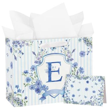 Imagem de WRAPAHOLIC Saco grande de presente de aniversário do alfabeto de 33 cm com cartão e papel de seda - Sacos de papel com emblema floral com listras azuis e letras E para meninas, aniversário, chá de