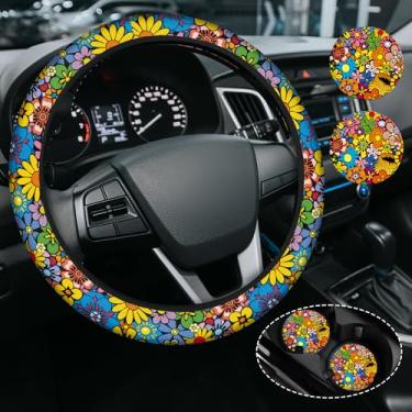 Imagem de Capa de volante Hippie Flower, capa de volante de neoprene antiderrapante, acessório de carro de flor para mulheres femininas, ajuste universal de 38 cm, SUVS, inclui 2 porta-copos de cerâmica