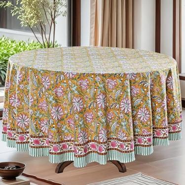 Imagem de Ridhi Toalha de mesa redonda – Impressão em bloco de mão, 100% algodão, reutilizável, amarelo biscotti, 152 cm, decorativa para uso diário, para jantar, casa, festa, casamento, fazenda, outono, ação