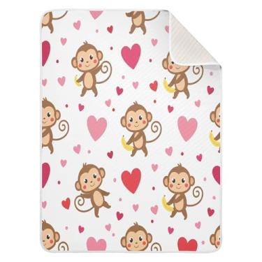 Imagem de Wassud Cobertor de bebê com corações de macacos para meninos e meninas, macio e recém-nascido, cobertor aconchegante de algodão essencial para berçário, viagem, berço, carrinho 76 x 101 cm