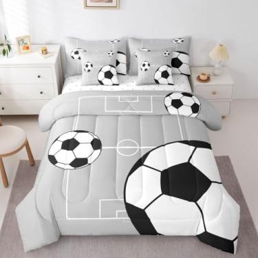 Imagem de Erosebridal Jogo de cama de futebol americano, 7 peças, Queen, com lençol com tema de bola de futebol, playground, estampa de quadra de futebol, cinza, branco, para crianças, meninos e meninas
