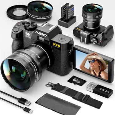 Imagem de NBD Câmeras digitais 8K para fotografia, câmera fotográfica de 64 MP, câmeras de vlogging de viagem para YouTube com tela flip de 180°, zoom digital de 16x, lente macro de 52 mm, 2 baterias, cartão TF
