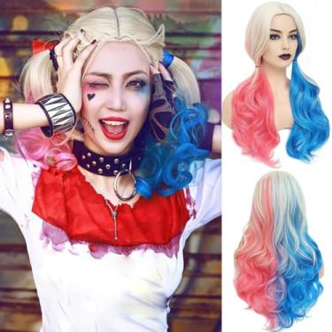 Imagem de PORSMEER Perucas onduladas longas rosa e azul para cosplay de Wolmen e festa de Halloween - Cabelo sintético - Peruca Harley Quinn do Esquadrão Suicida