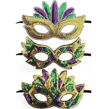 Imagem de IZUS Carnival Yellow Green Purple Sequin Mask Sparkling Mardi Gras Costume Accessory Festive Parade Theme Party Mask for Women