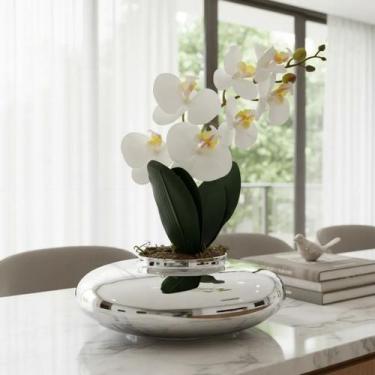 Imagem de Arranjo Grande Centro de Mesa Orquídea Branca Artificial Vaso Espelhad