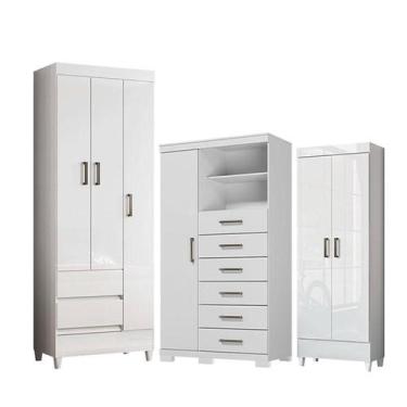 Imagem de Guarda Roupa Solteiro 3 Portas com Pés Fit e Cômoda 1 Porta 6 Gavetas 