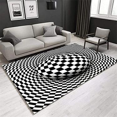 Imagem de QDCZDQ Tapete retangular de ilusão ótica 3D, tapete geométrico quadriculado preto branco vórtice ilusão óptica 3D tapete antiderrapante para capacho para quarto, sala de estar, sala de jantar