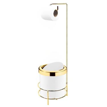 Imagem de Kit Suporte Porta Papel Higiênico Com Lixeira 5L Cesto Lixo Tampa Basculante Dourado Br...
