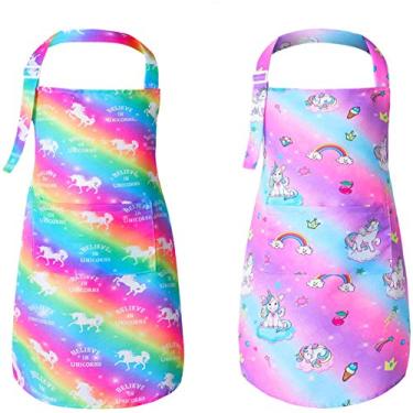 Imagem de Avental infantil com bolso ajustável para cozinha e avental de cozinha para crianças e artistas para pintura de assar na cozinha, 2 Pcs Multicolor Unicorn, Medium/6-8Years