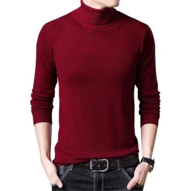 Imagem de Aoleaky Suéter masculino de gola rolê outono inverno pulôver de malha slim masculino cor sólida casual stretch suéter de gola rolê, Vermelho, GG