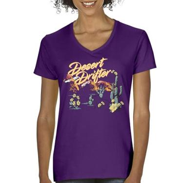 Imagem de Camiseta feminina Desert Drifter com decote em V Vintage Boho Desert Vibe Retro Southwest Bohemian Cactus Art American Travel Tee, Roxa, XXG