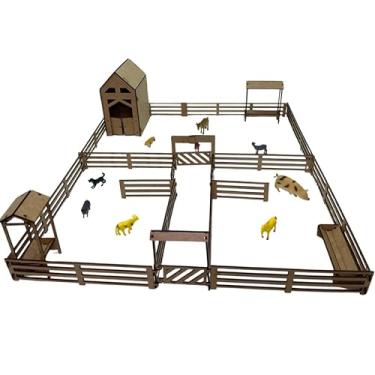 Imagem de Kit com 10 Animais + Mini Fazendinha Com Cerca, Estábulo e Curral para montar Em Mdf 55,3cm x 67cm
