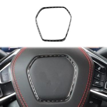 Imagem de 1 peça moldura interna do volante do carro preto e vermelho cor fibra de carbono decoração compatível com chevrolet corvette c8 2020-2024 acessórios para carro(Black Carbon Fiber)