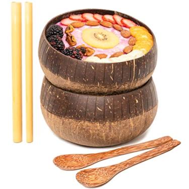 Imagem de Rainforest Bowls Conjunto de 2 tigelas de coco jumbo de dois tons, 2 colheres de madeira e 2 canudos de bambu reutilizáveis - 100% natural, esculpido à mão por artesãos, ecologicamente corretos e