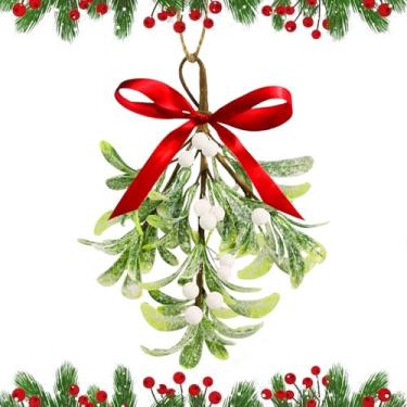 Imagem de Decoração de visco - Decoração de visco para porta laço vermelho bagas brancas enfeites de bola de Natal, bola de beijo artificial folha seca visco pendurado para porta de árvore
