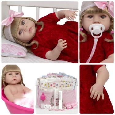 Imagem de Bebê Reborn Realista Menina Loira Vestido Vermelho 20 Itens - Cegonha 