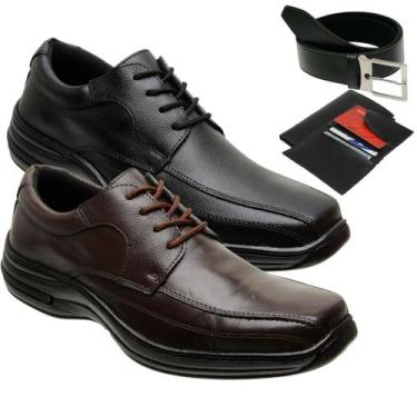 Imagem de Kit 2 Sapatos Esporte Fino Masculino de Couro Solado Macio Costurado +