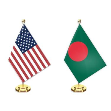 Imagem de Conjunto de 2 unidades de bandeira pequena de mesa americana de bengala, mini banner de mesa de Bangladesh de 12 × 20 cm, decoração de poste sólido de metal de 30,48 cm, faixa de poliéster impressa