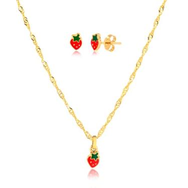 Imagem de Conjunto Infantil Banhado a Ouro 18K Colar Com Pingente e Brinco - Moranguinho em Resina